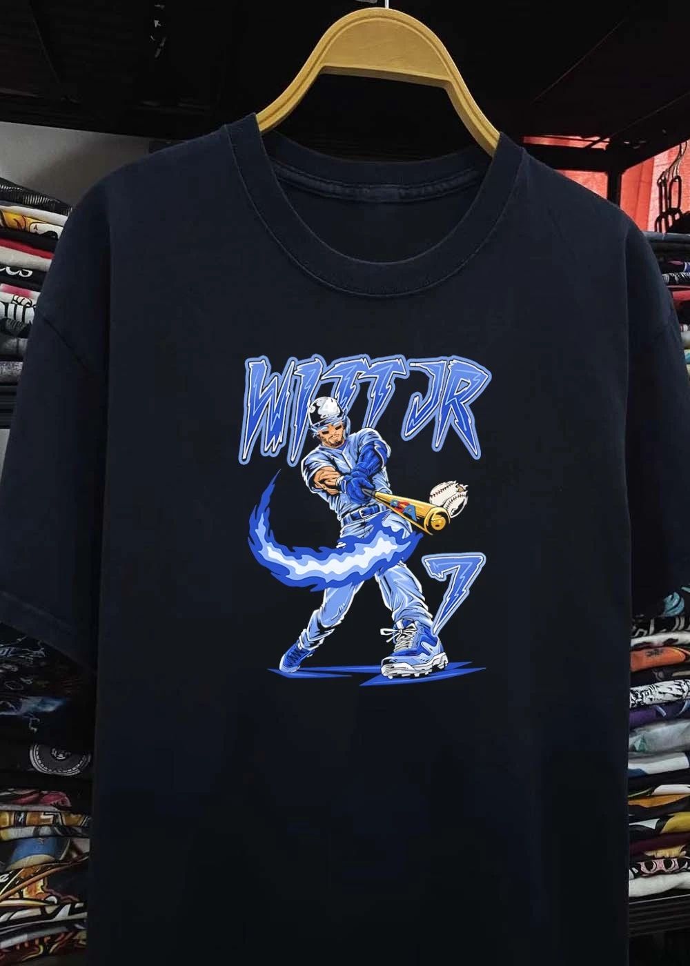Witt Jr 7 baseball player with flaming bat shirt