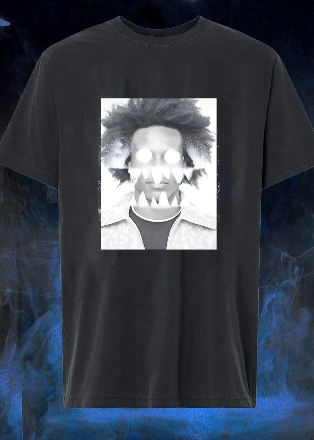 Distressed Graphic Portrait White Glowing Eyes Sharp Teeth T-Shirt