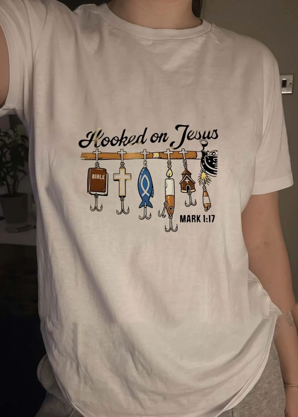Mark 1’17 Hooked on Jesus Bible Cross Fish Candle Church T-Shirt