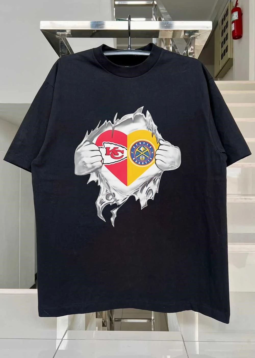 KC Chiefs Denver Nuggets Heart Ripped Chest T-Shirt