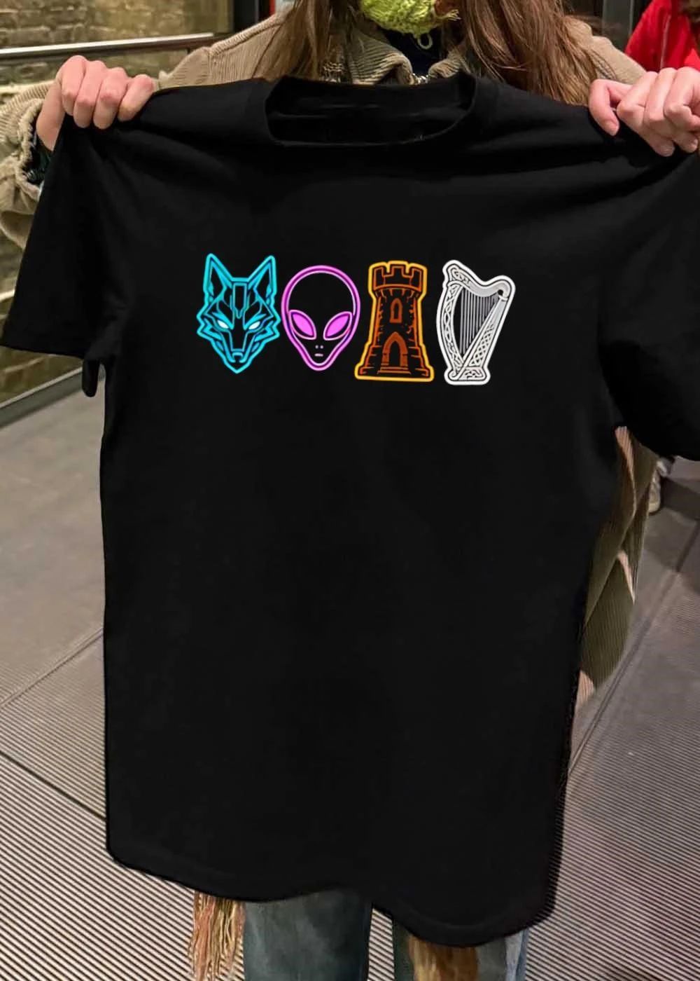 Wolf Alien Castle and Harp Icons Graphic T-Shirt