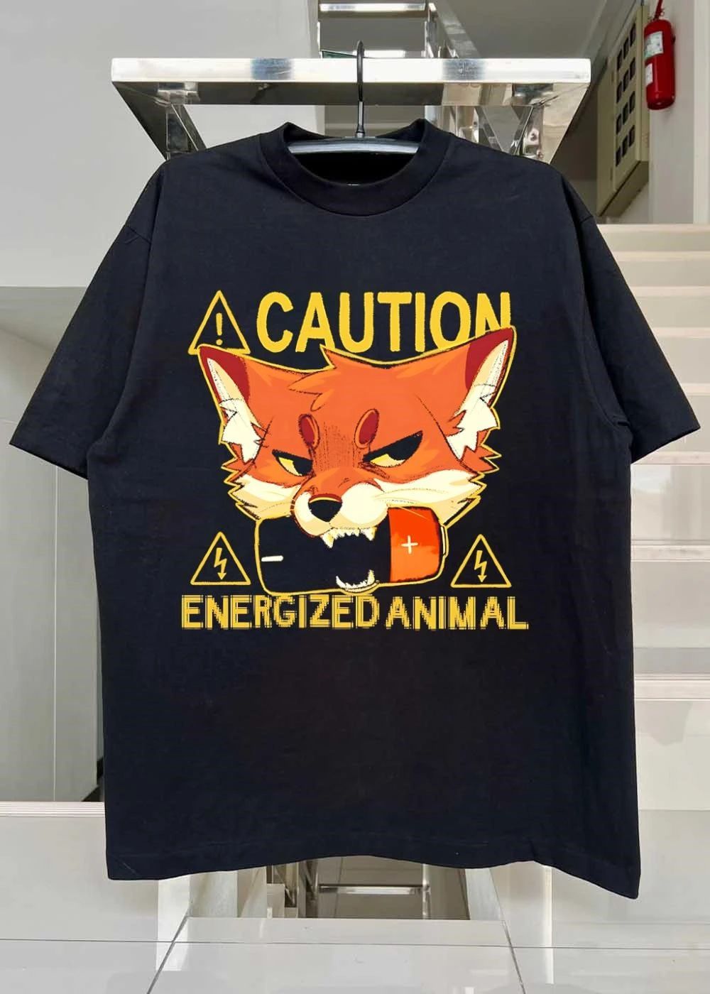 Fox holding a battery Caution Energized Animal shirt
