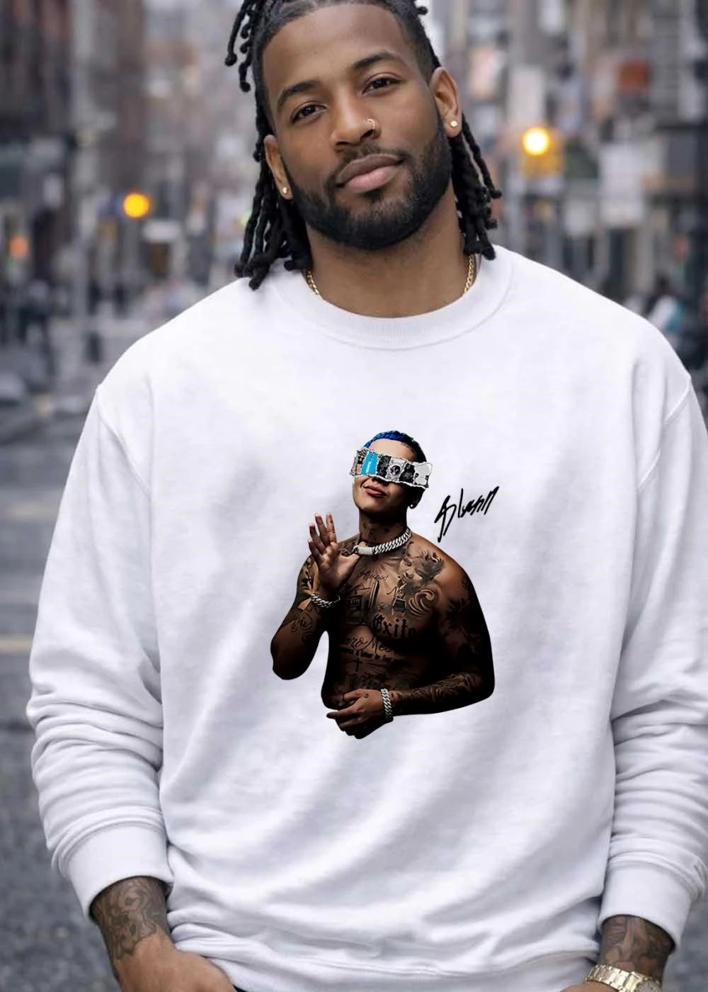 Blessing Man Posing with Exito and Caro Meo Tattoo T-Shirt