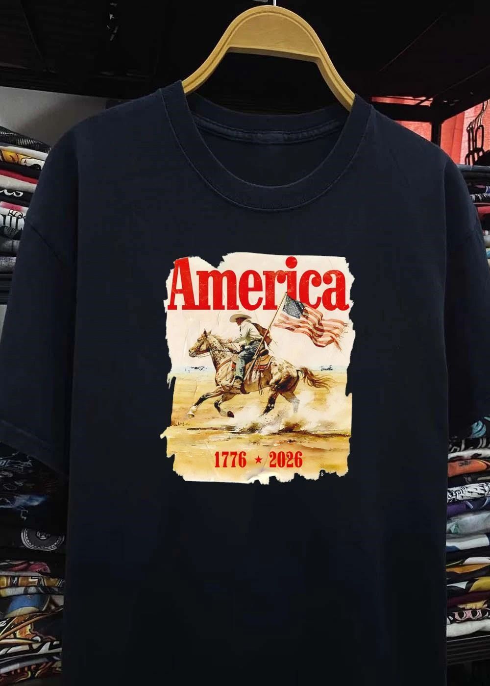 America 1776 2026 Cowboy Riding Horse Holding American Flag Vintage shirt