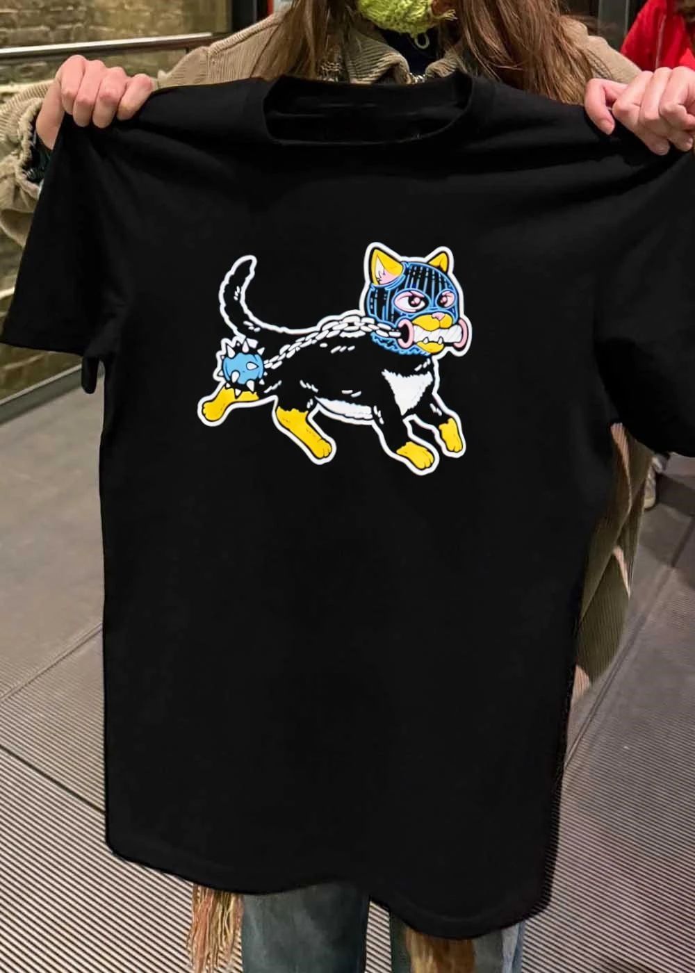 Streetwear Punk Cat Wearing a Balaclava with a Spiked Ball T-Shirt