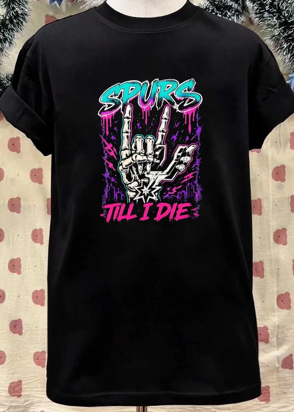 Spurs Till I Die Skeleton Hand Rock On Sign San Antonio Basketball T-Shirt