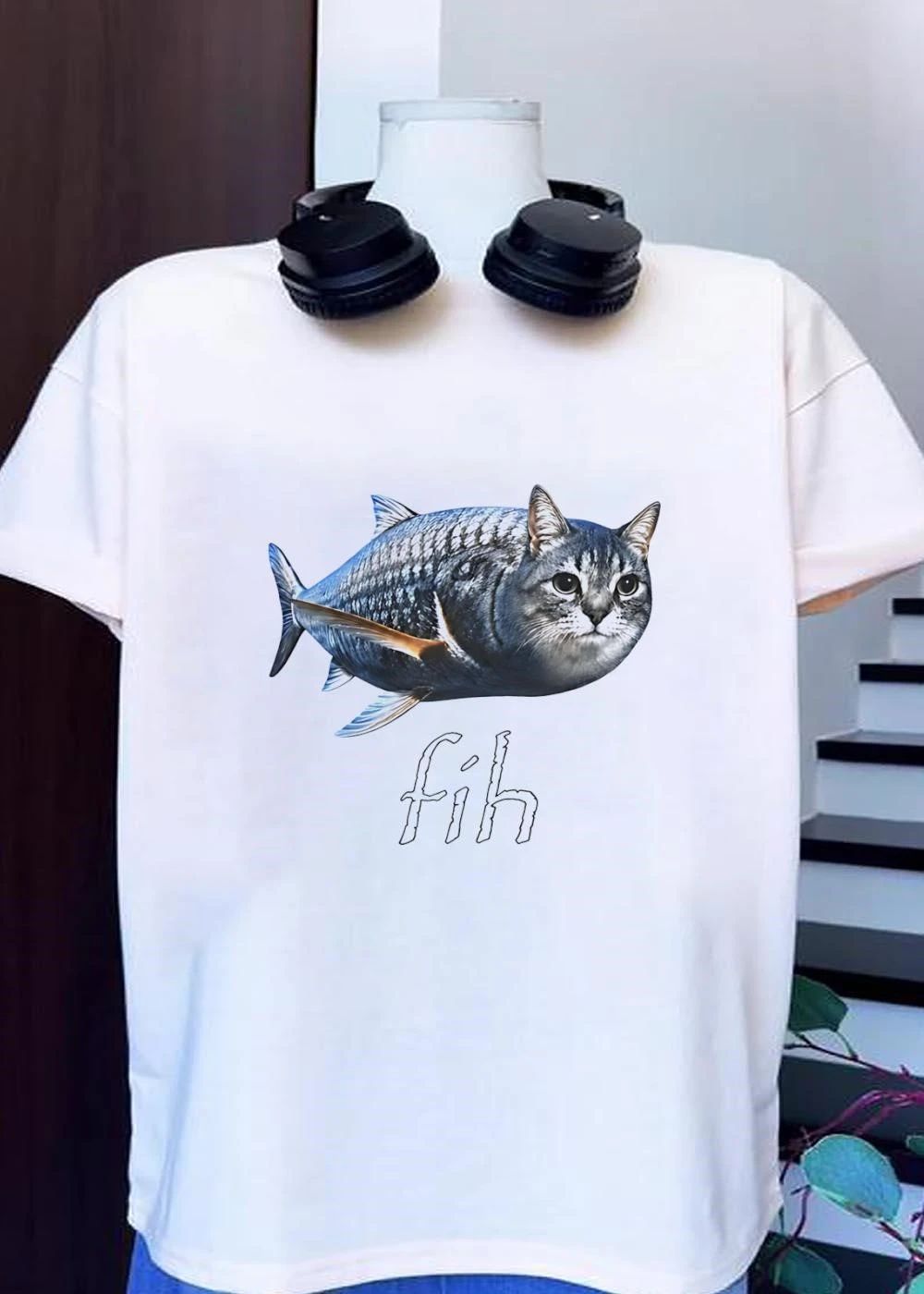 Fih gray tabby cat fish hybrid creature ocean animal character fih shirt