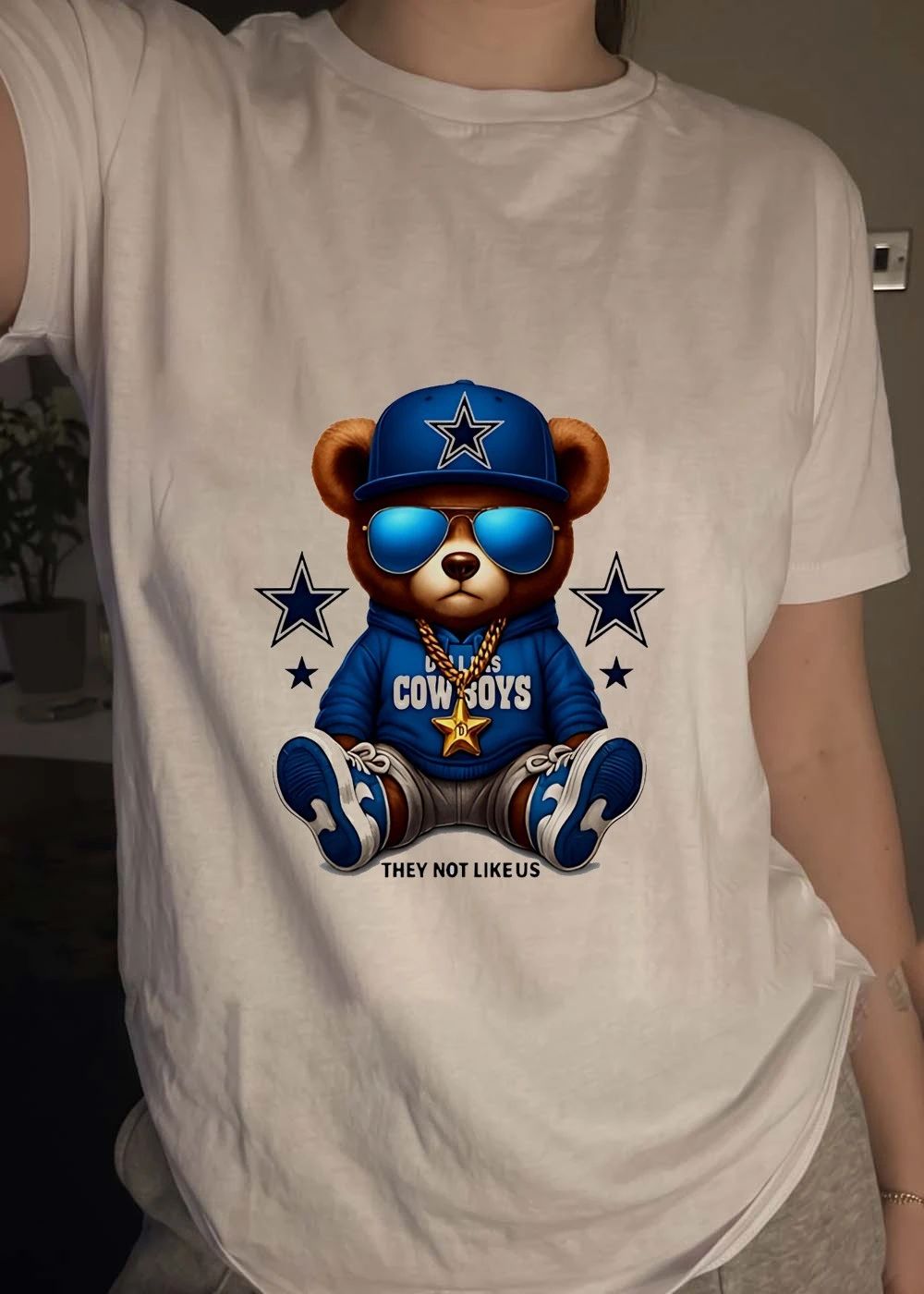 Dallas Cowboys Hoodie, Bear With Blue Cap, Shades and Gold Star Chain T-Shirt