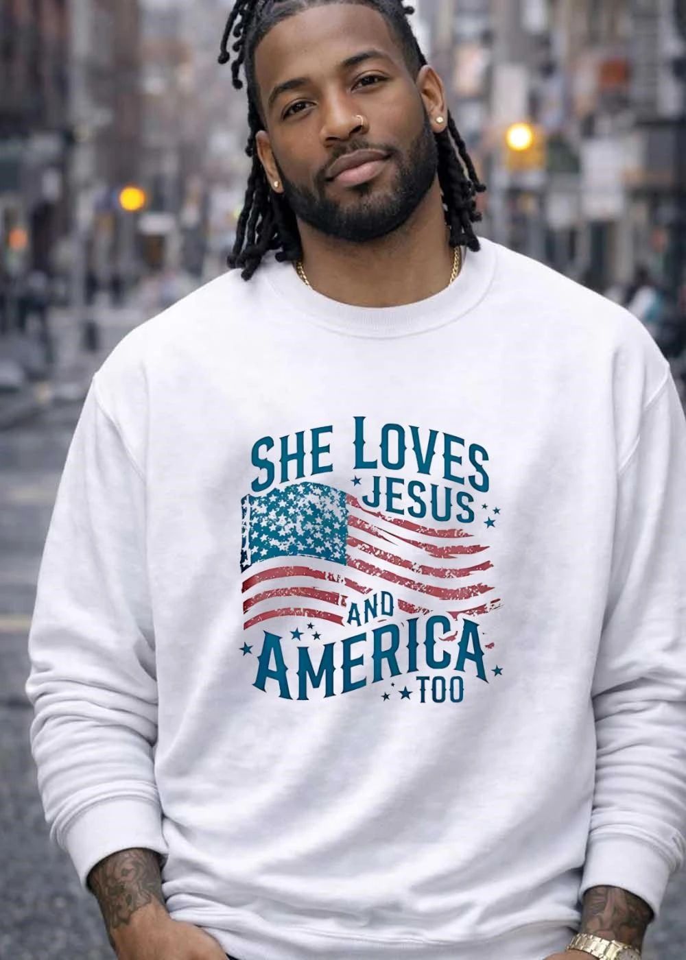 She Loves Jesus and America Too Patriotic Women’s T-Shirt