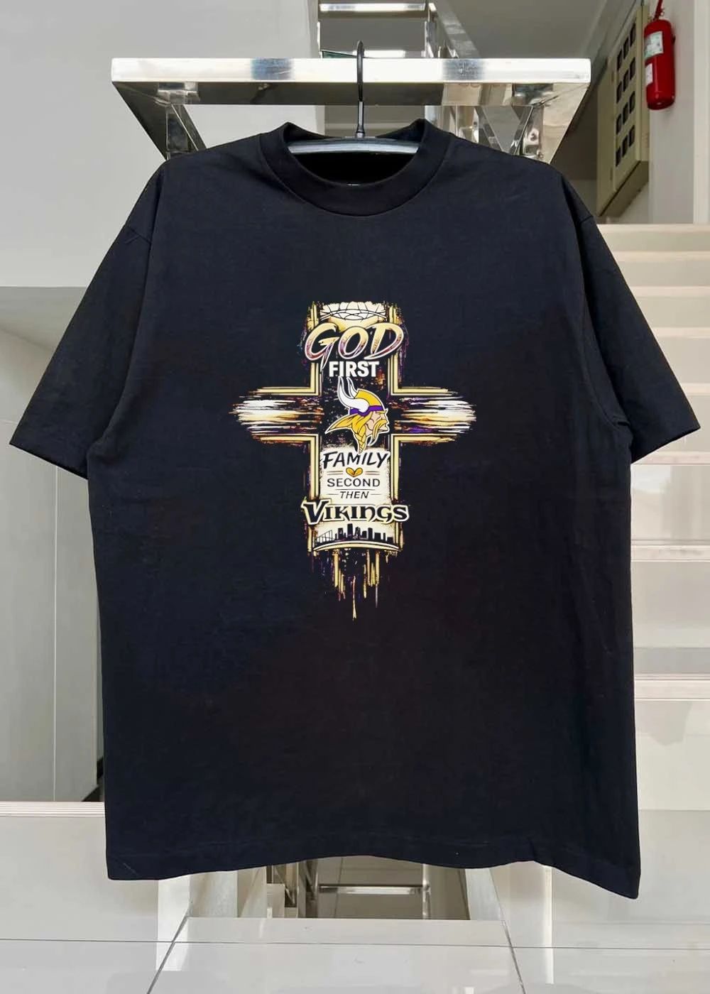 Vikings Apparel God First Family Second then Vikings Faith Sports T-Shirt