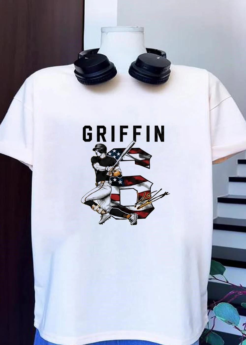 Signature Griffin Baseball Player Swinging Bat with American Flag Number 6 Shirt
