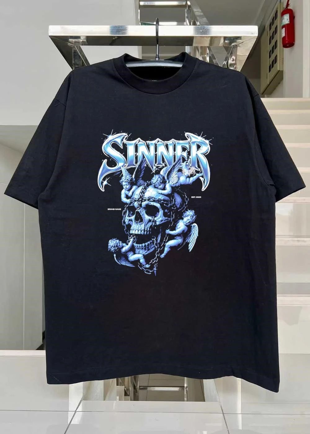 Sinner Chrome Lettering Skull and Angels shirt
