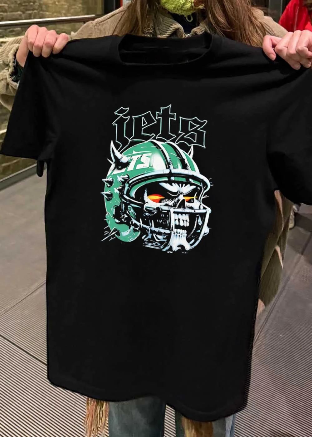 Skull Wearing Spiked Football Helmet Jets T-Shirt