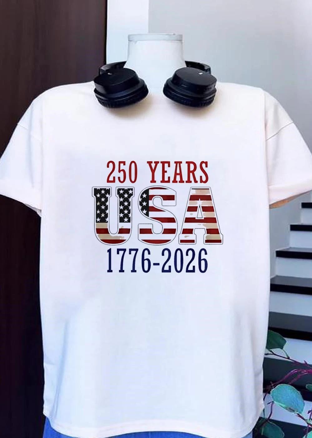 250 Years USA 1776-2026 American flag typography shirt