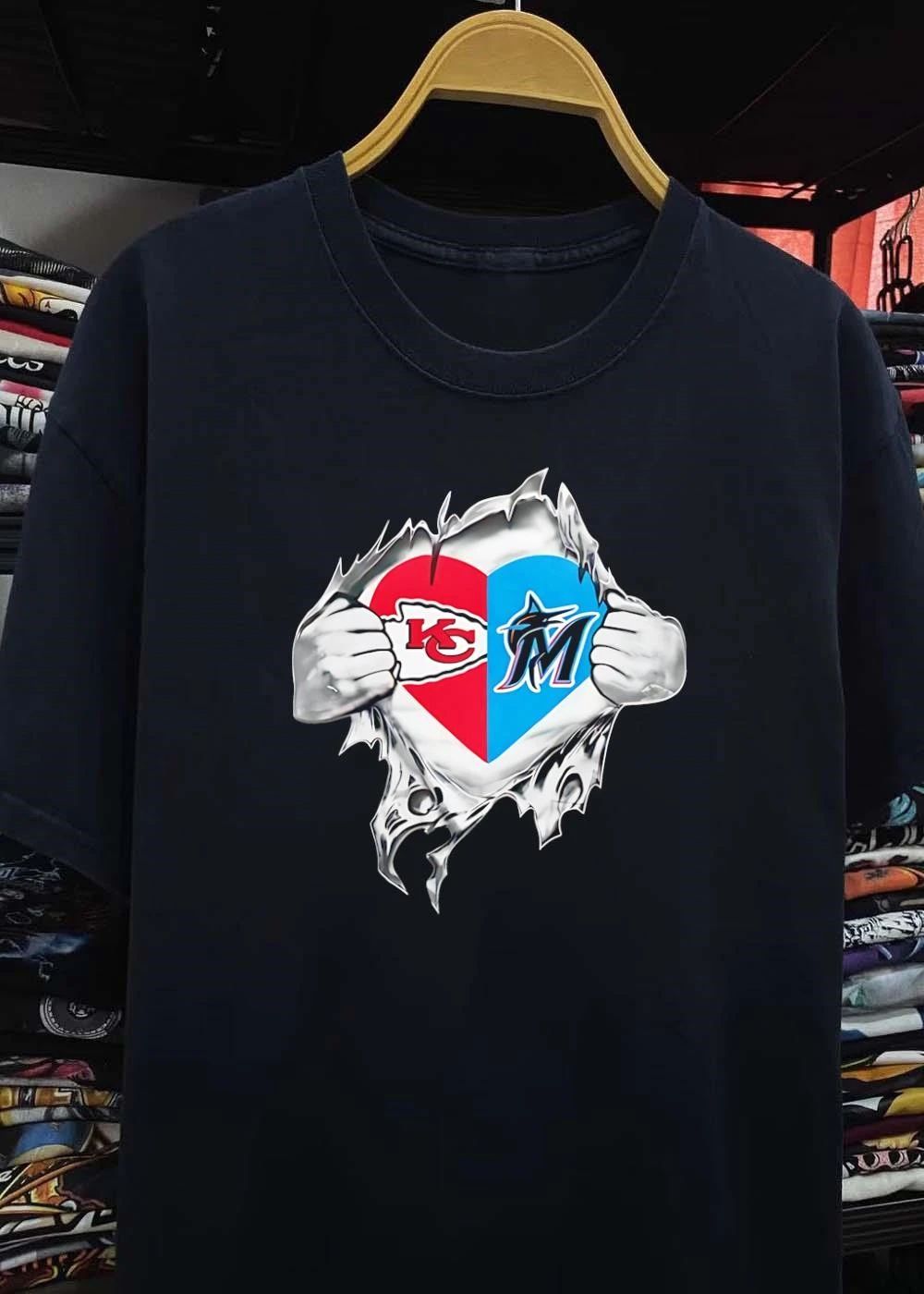KC Chiefs and Miami Marlins Heart T-Shirt