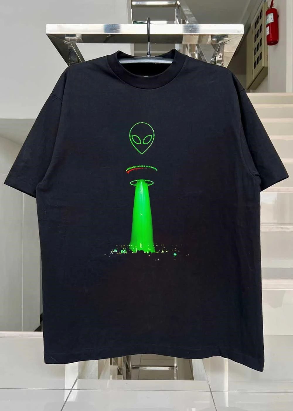 Alien Above City Night Skyline Glow Beam T-Shirt
