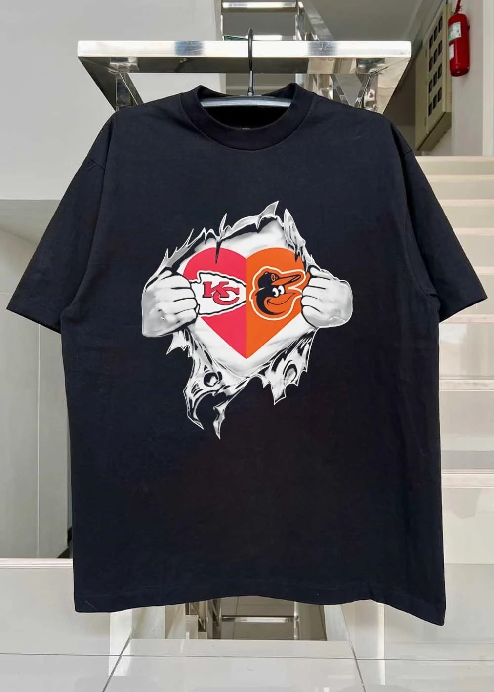 KC Orioles Shirt Heart Ripped Chest T-Shirt