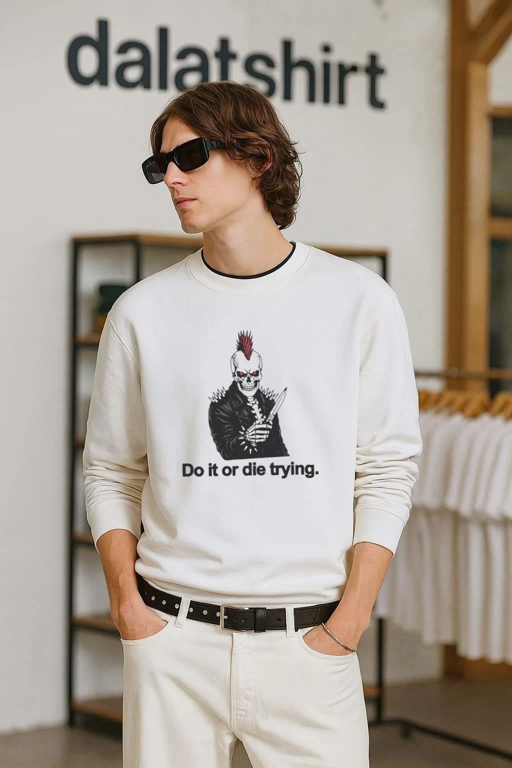 Punk Skull With Mohawk Holding Knife Do It Or Die Trying shirt