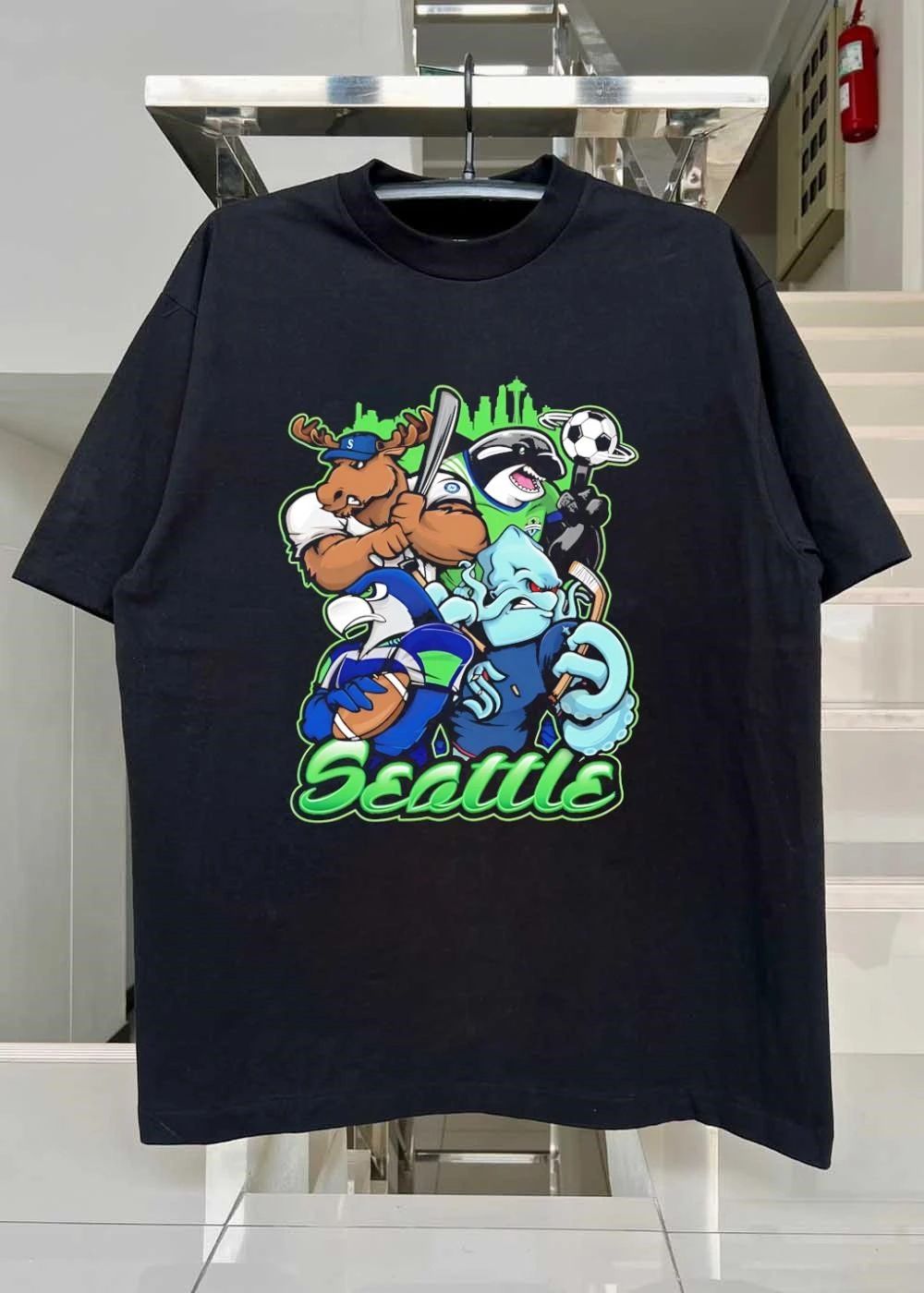 Seattle Mascot Collage Baseball Soccer Football Hockey Action T-Shirt