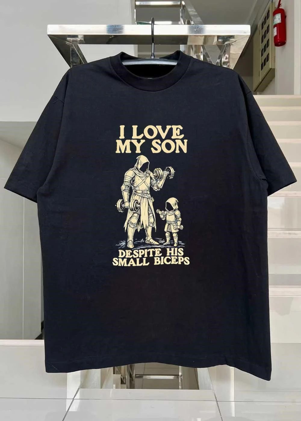 I Love My Son Despite His Small Biceps Hooded Knight Lifting Dumbbells T-Shirt