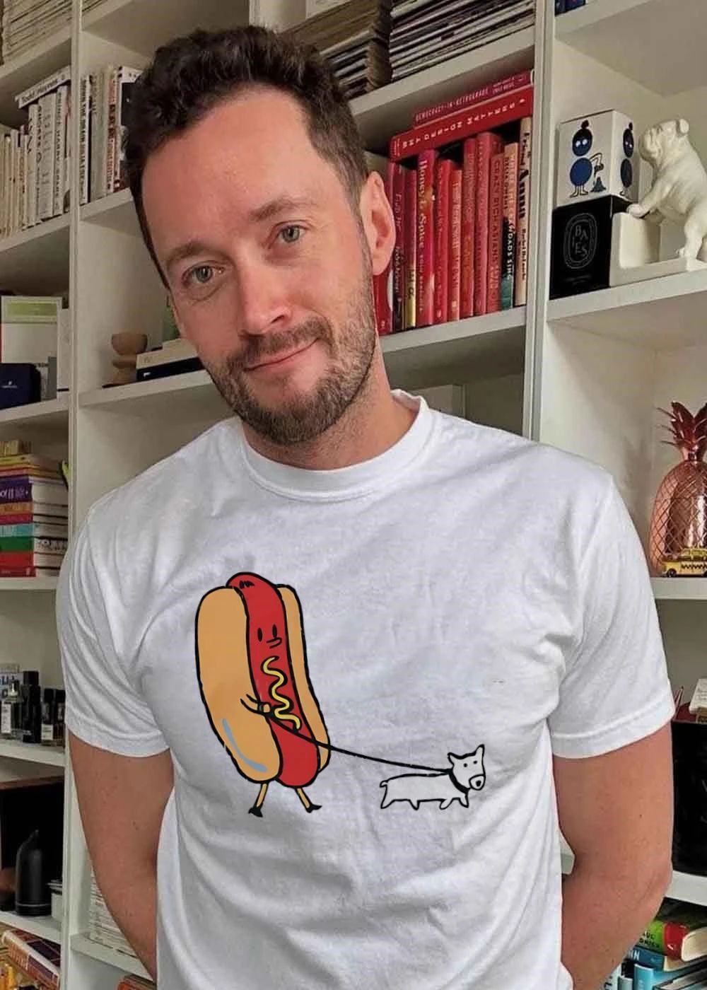Cute Cartoon Hot Dog Walking A Dog shirt