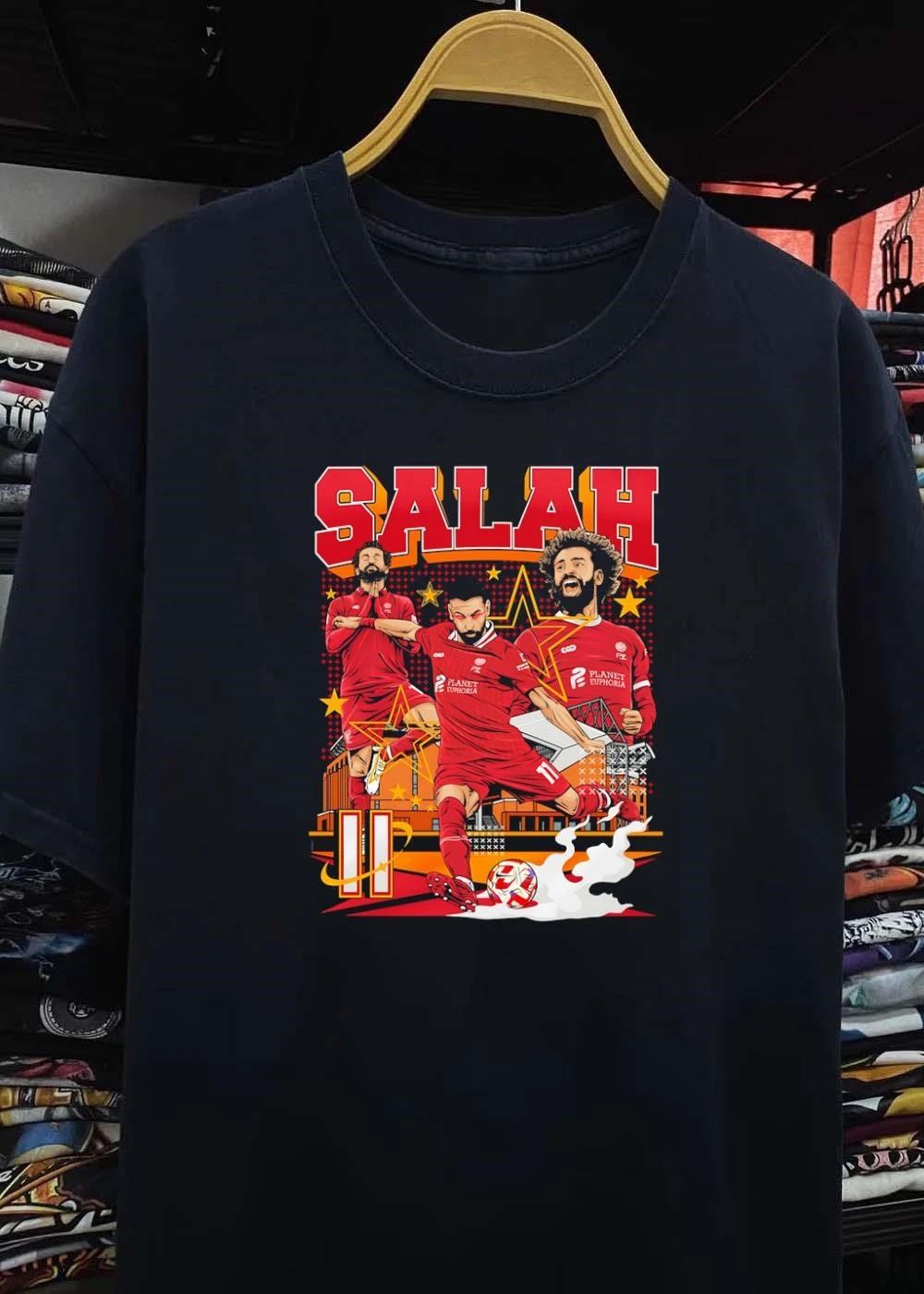 Salah Mohamed Salah Kicking Soccer Ball in Red Jersey Planet Euphoria T-Shirt
