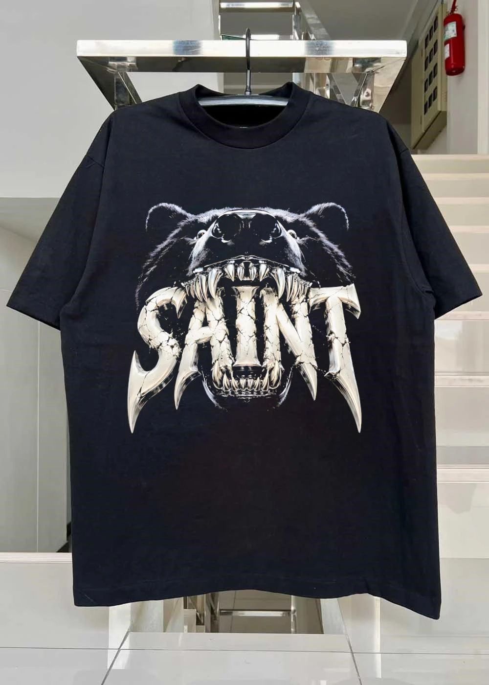 Black Bear Vicious Growl Saint Silver Cracked Metallic T-Shirt