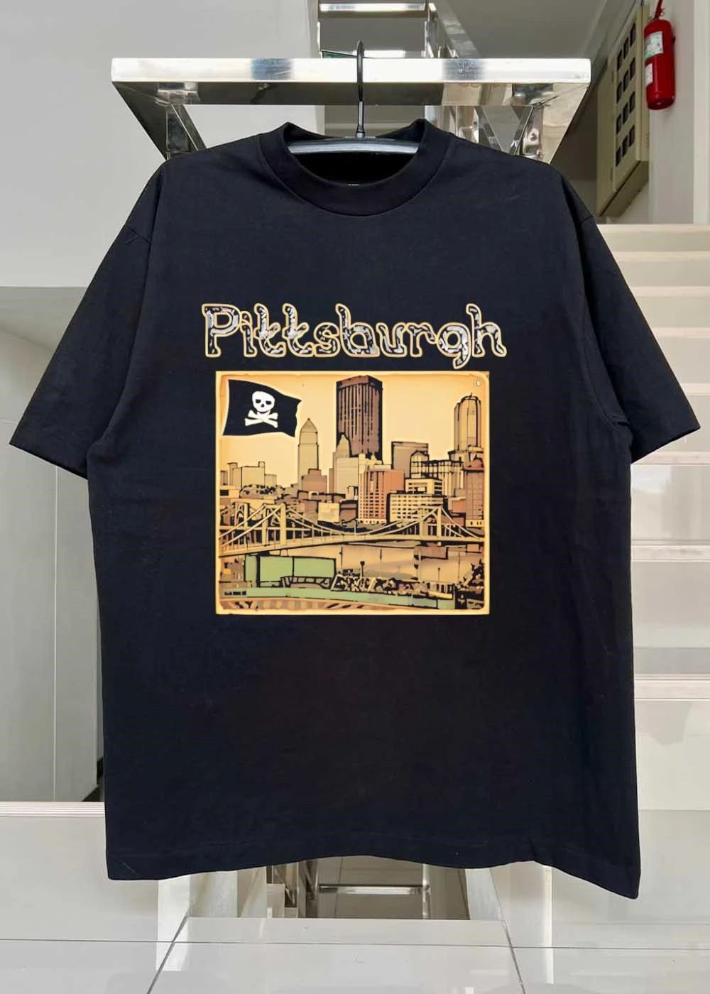 Pittsburgh Pirates Skyline with Jolly Roger Flag Graphic shirt