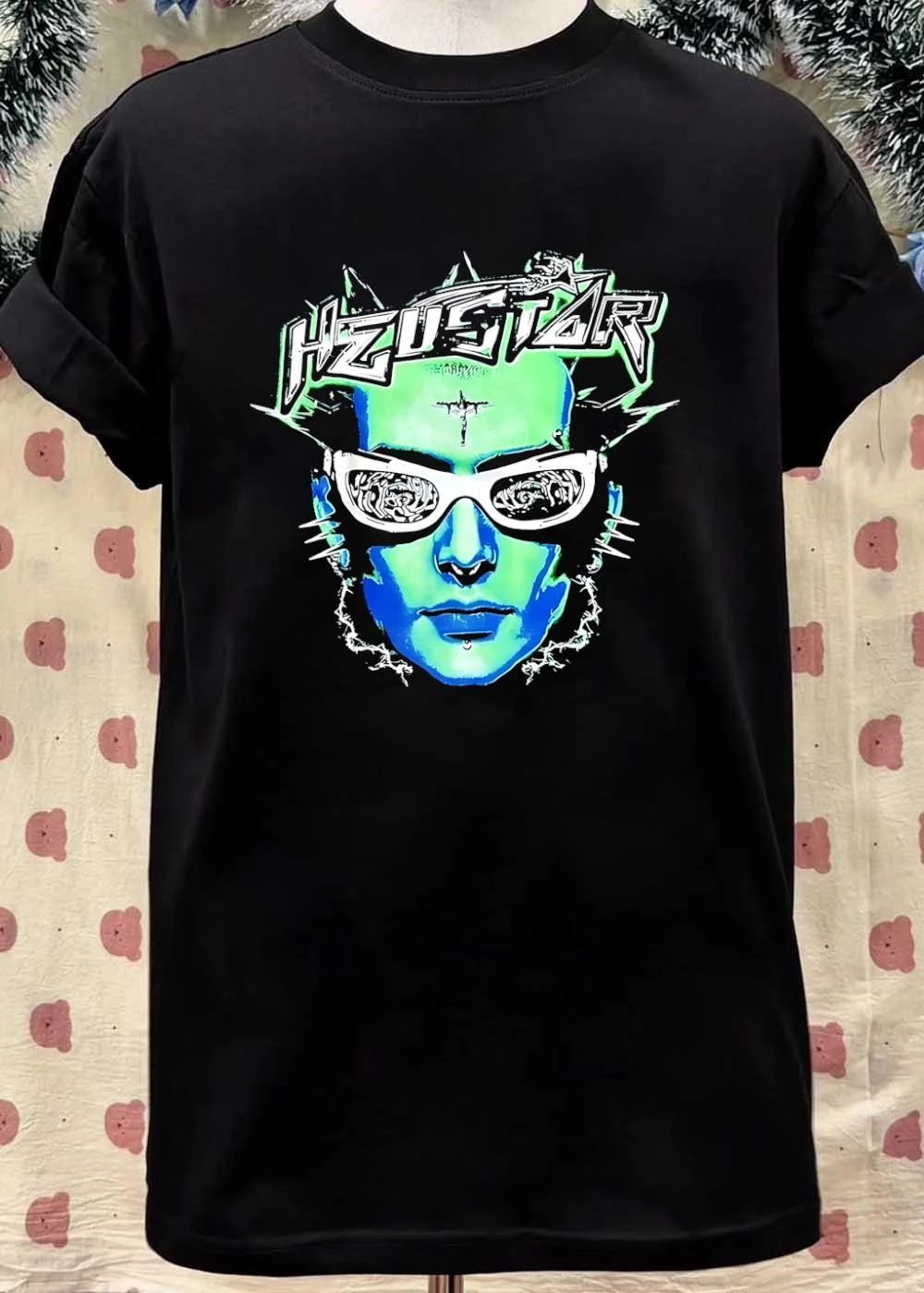 HZUSTAR Cyber Goth Punk Face Sunglasses Crucifix Green Blue Graphic Shirt