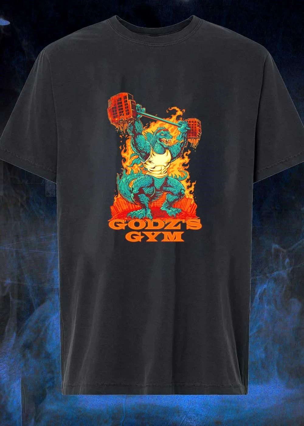 Godz’s Gym Godzilla Building Barbell Lifting Shirt