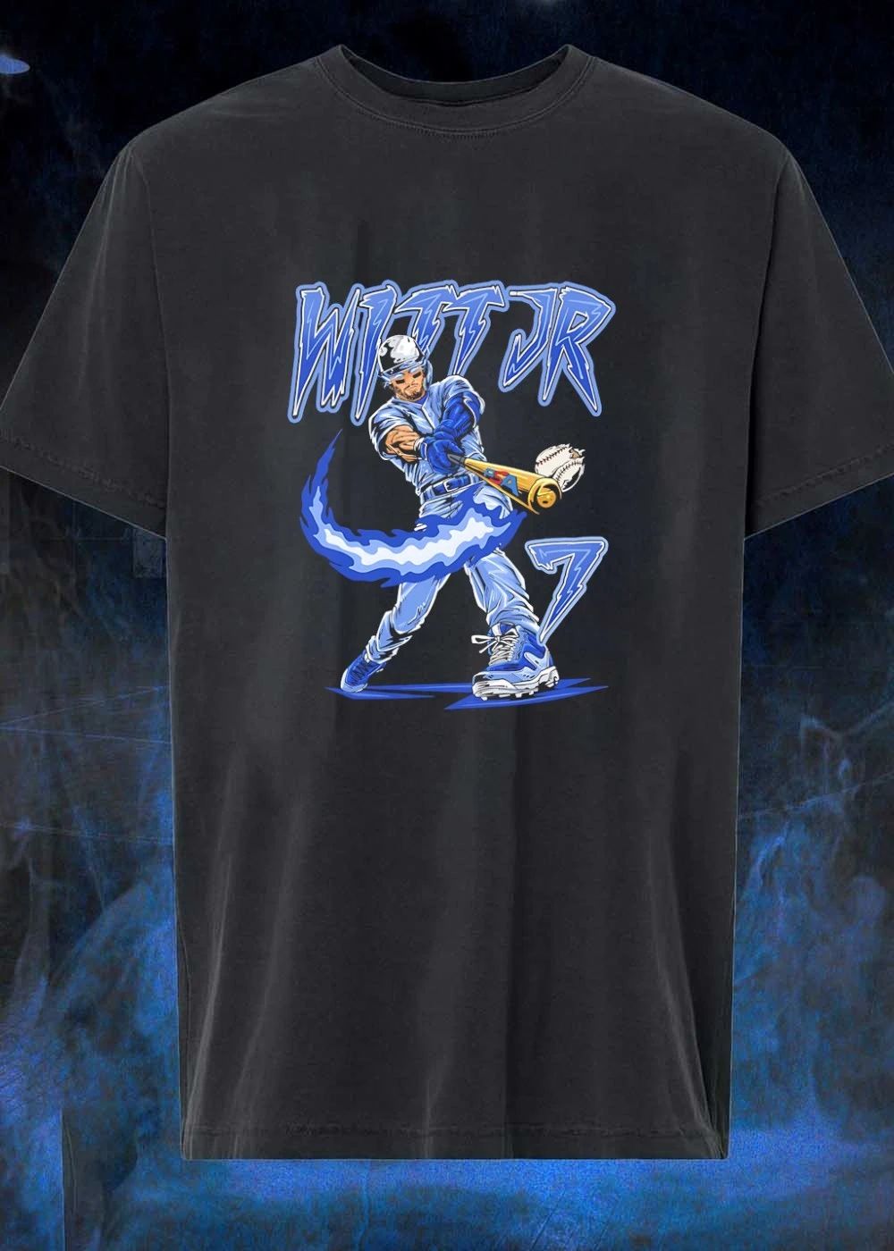 Witt Jr 7 baseball player with flaming bat shirt