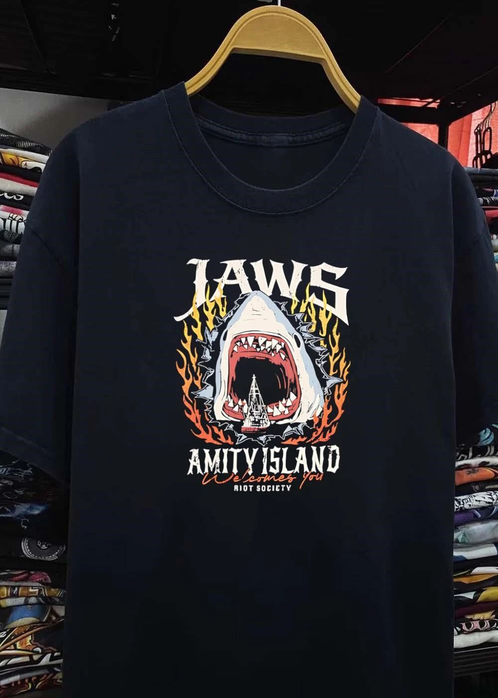 Riot Society Jaws Amity Island Welcomes You Shark Eating Boat T-Shirt