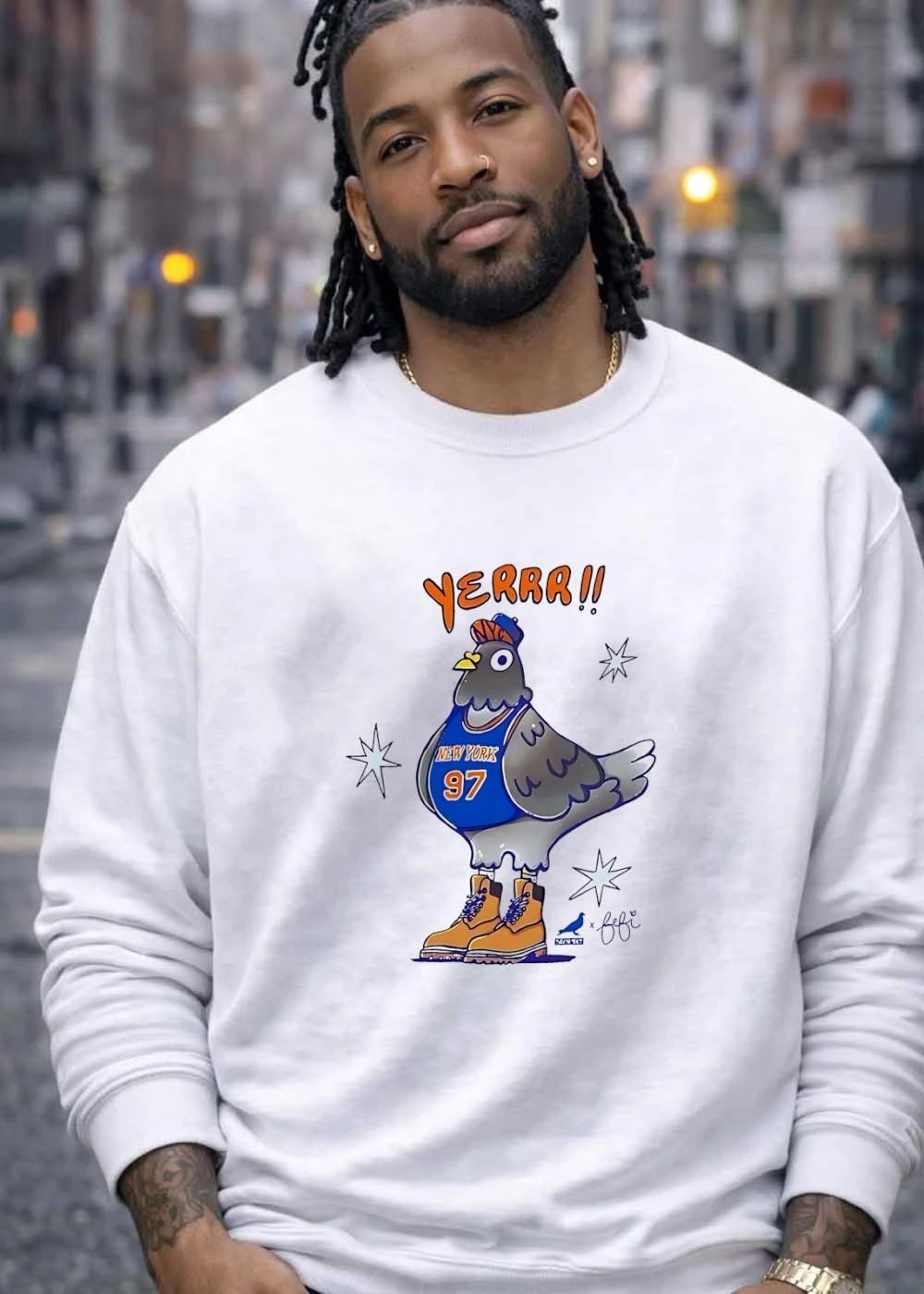 Pigeon x Fefi Pigeon Wearing New York Basketball Jersey and Timberland Boots Yerrr 97 T-Shirt