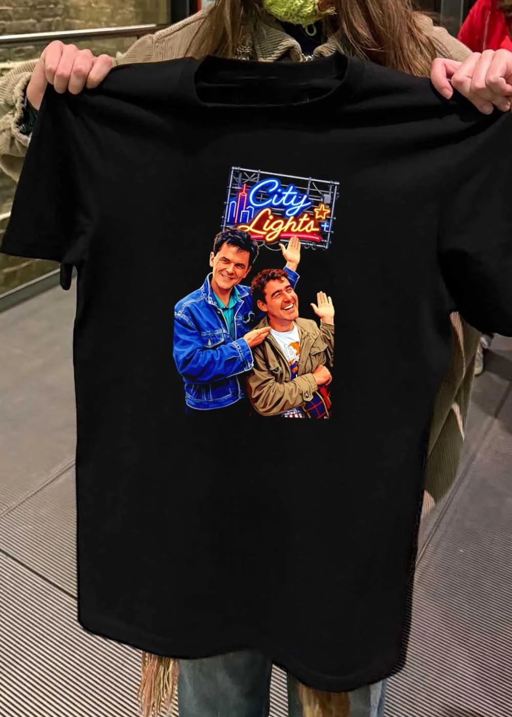 Two Men Smiling and Waving City Lights Shirt