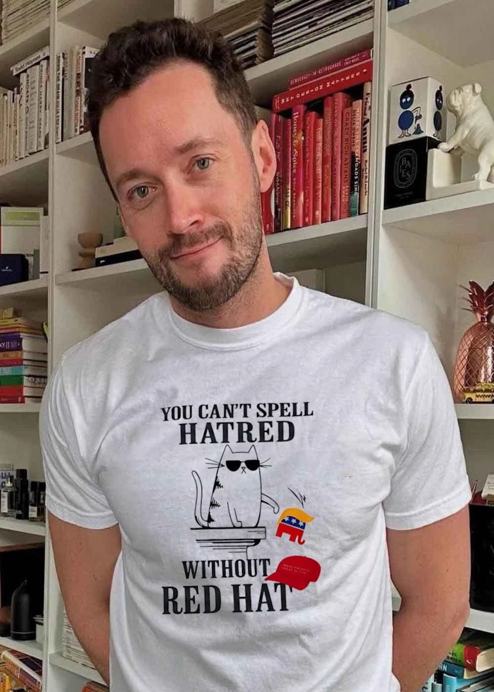 Anti-Trump Political Apparel Cat Knocking Down Elephant Symbol You Can Not Spell Hatred Without Red Hat T-Shirt
