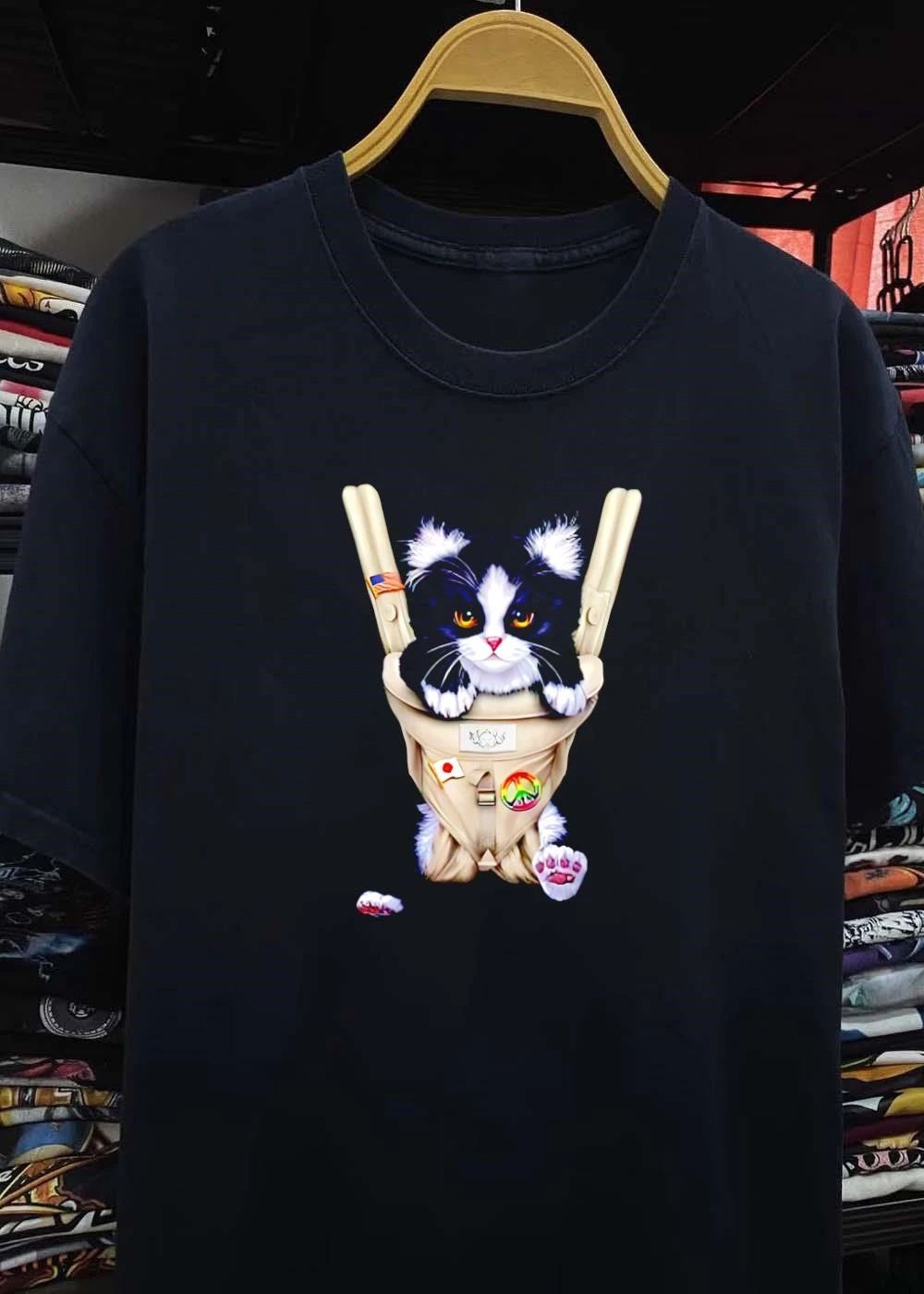 Cute Tuxedo Cat in Baby Carrier with Flag and Peace Sign T-Shirt