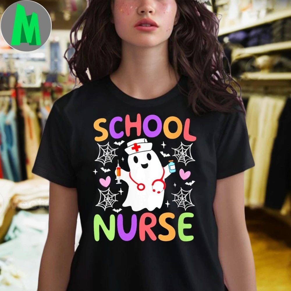 Women’s School Nurse Spooky Ghost Funny Halloween Nurse Costume 2025 Shirt