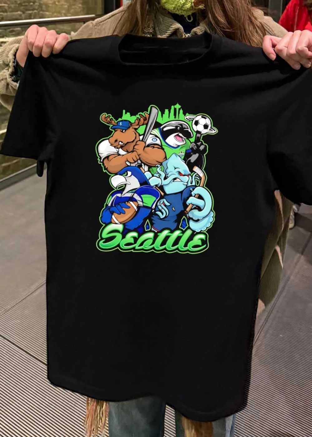 Seattle Mascot Collage Baseball Soccer Football Hockey Action T-Shirt