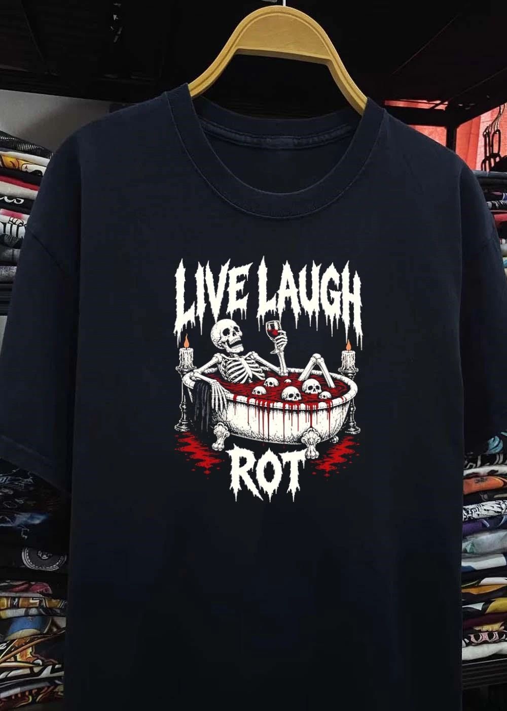 Skeleton in bathtub with blood and skulls holding wine glass live laugh rot shirt