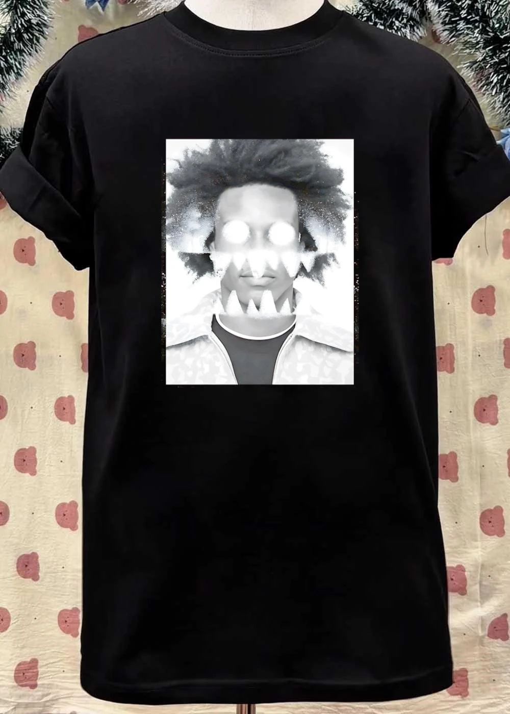 Distressed Graphic Portrait White Glowing Eyes Sharp Teeth T-Shirt