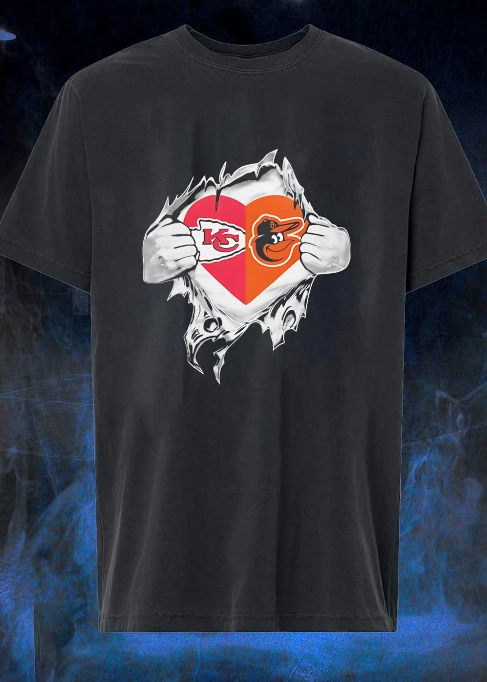 KC Orioles Shirt Heart Ripped Chest T-Shirt
