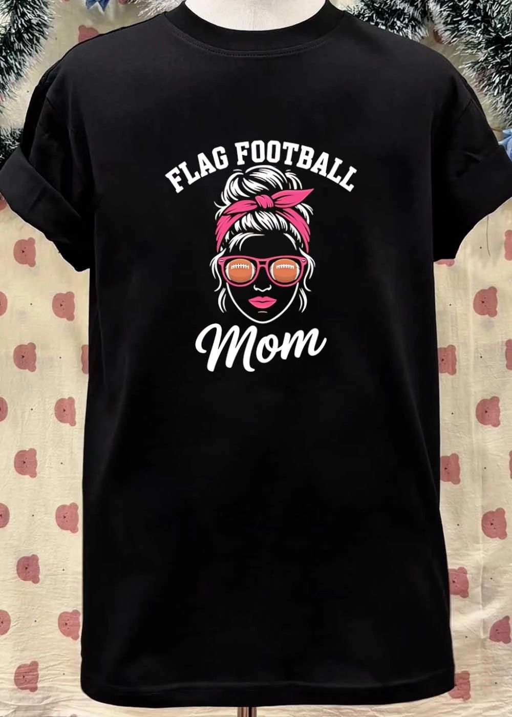 Flag Football Mom Messy Bun Pink Headband Sunglasses Sports shirt