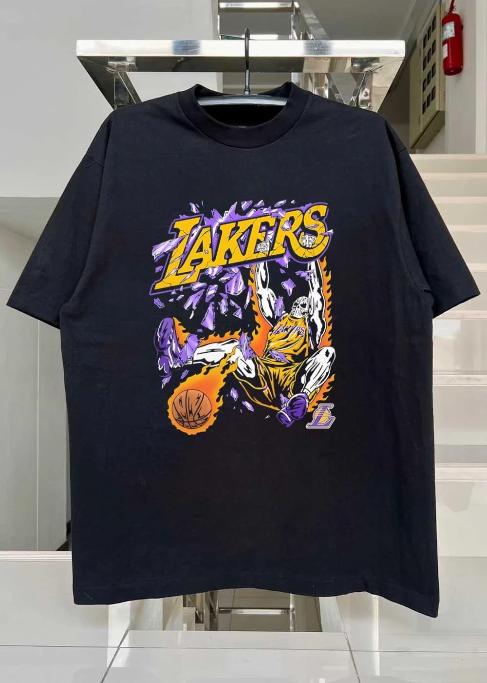 Lakers Apparel Skeleton Dunking Basketball Through Shattered Glass Los Angeles Lakers shirt