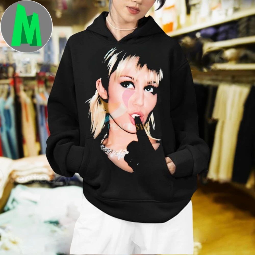 Original Miley Cyrus Blonde Hair Black Glove Playful Pose Shirt