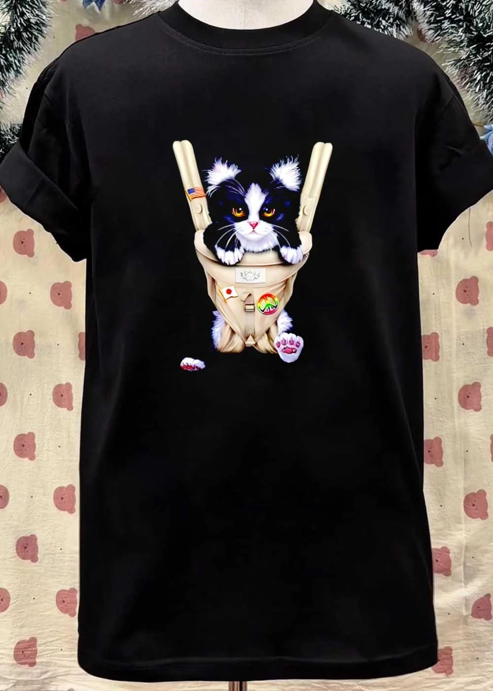 Cute Tuxedo Cat in Baby Carrier with Flag and Peace Sign T-Shirt
