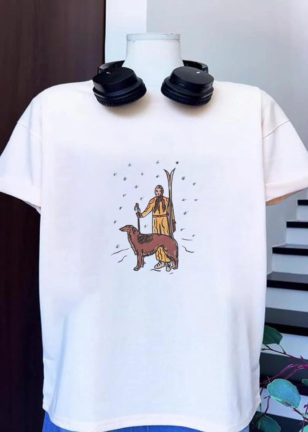 Woman Skiing with Borzoi Dog Winter Sport T-Shirt
