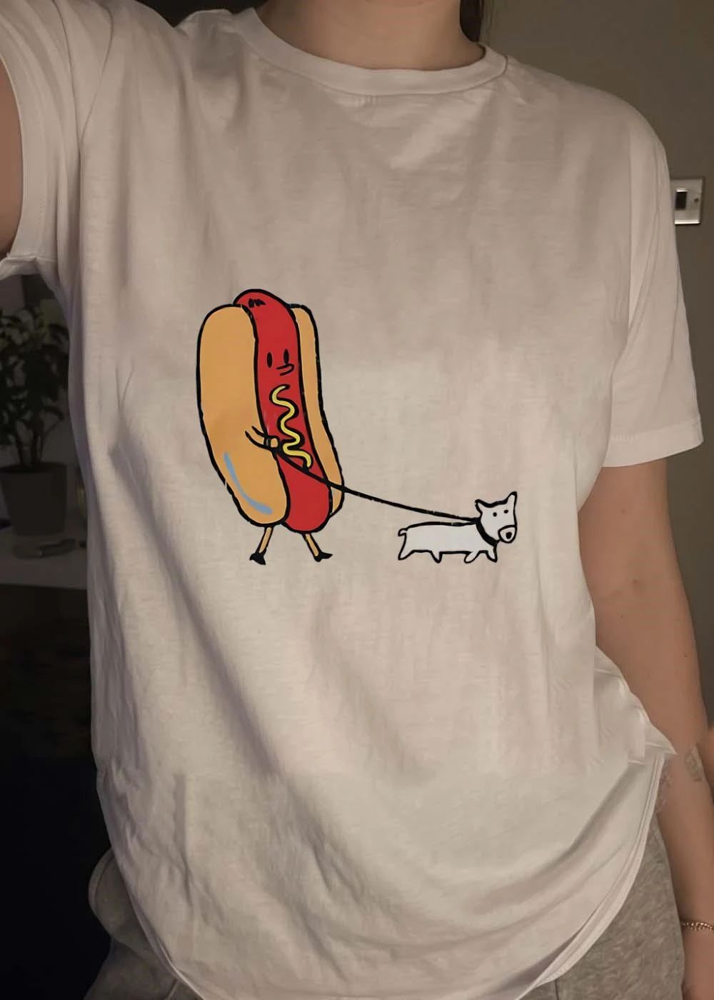 Cute Cartoon Hot Dog Walking A Dog shirt