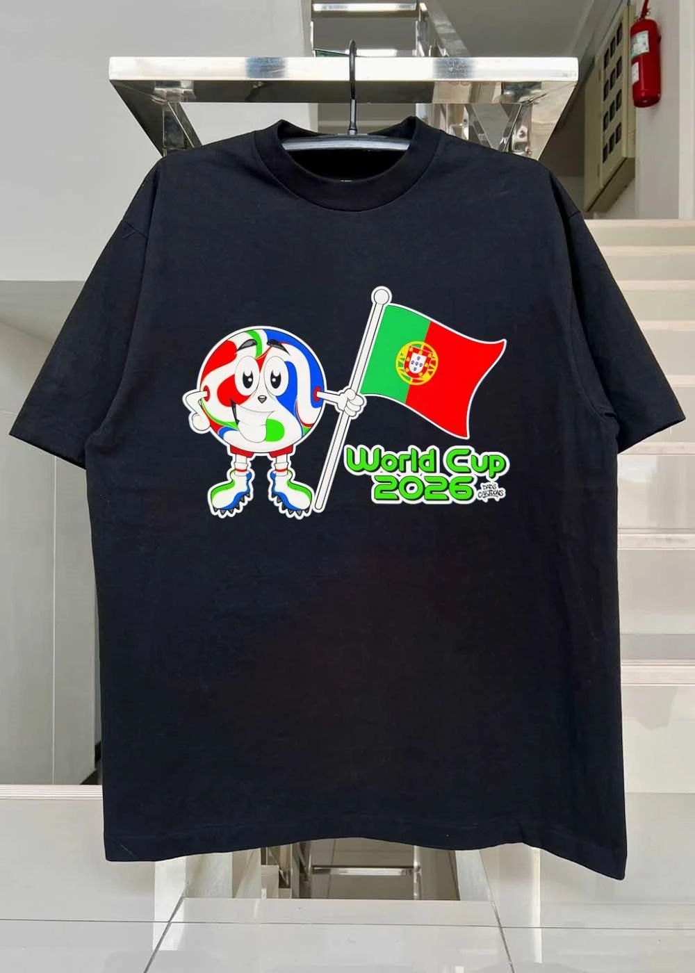 Dads Cartoons Soccer Mascot Holding Portugal Flag World Cup 2026 T-Shirt