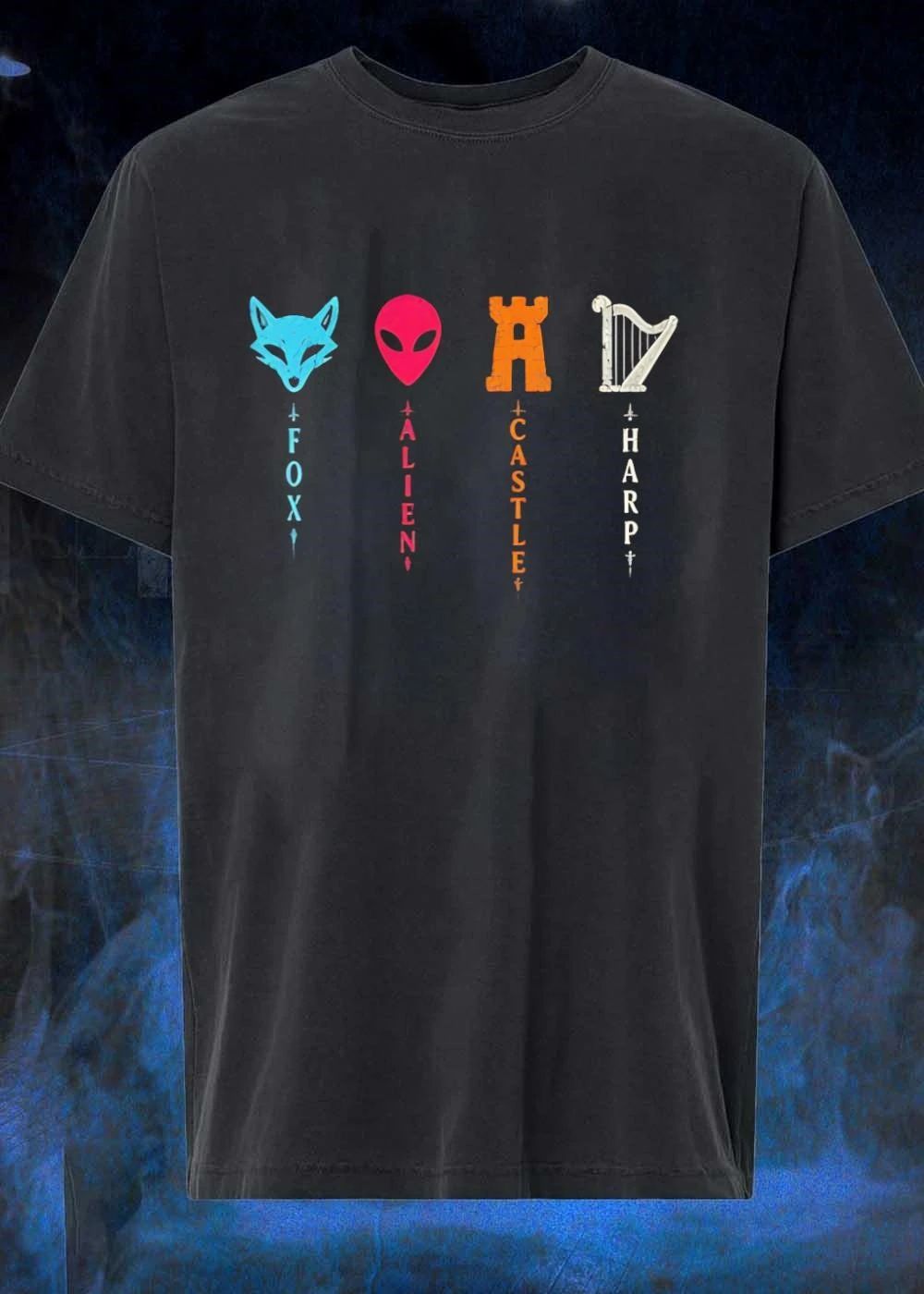 Fox Alien Castle Harp Icons Vertical Text Graphic T-Shirt