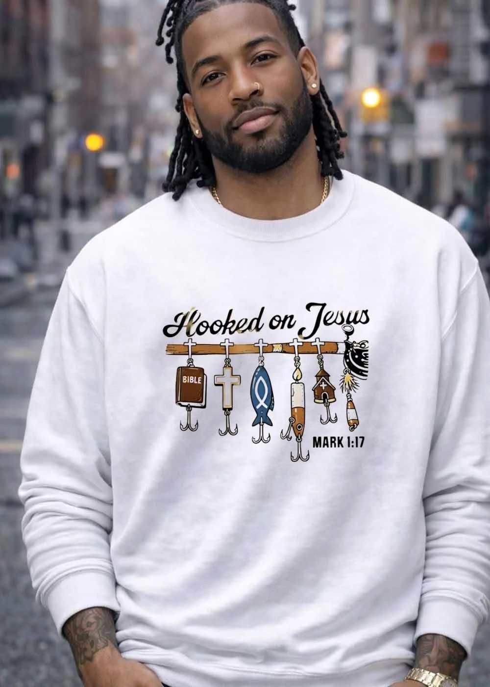 Mark 1’17 Hooked on Jesus Bible Cross Fish Candle Church T-Shirt